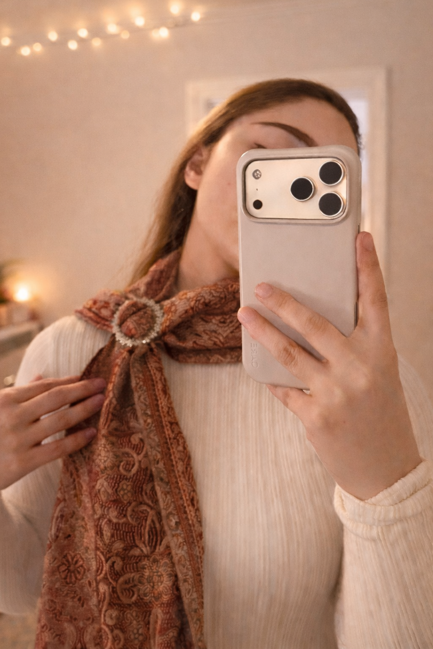 Warm Rose Seraphine Jacquard Silk Scarf with Crystal Brooch