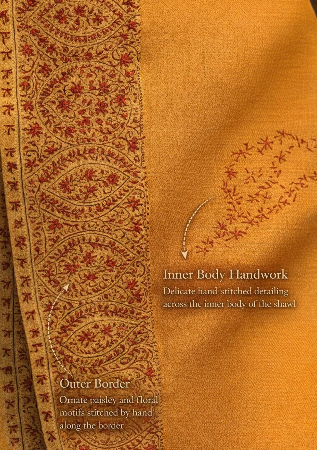 Paisley Handworked Wool scarf / Light Shawl – Mustard