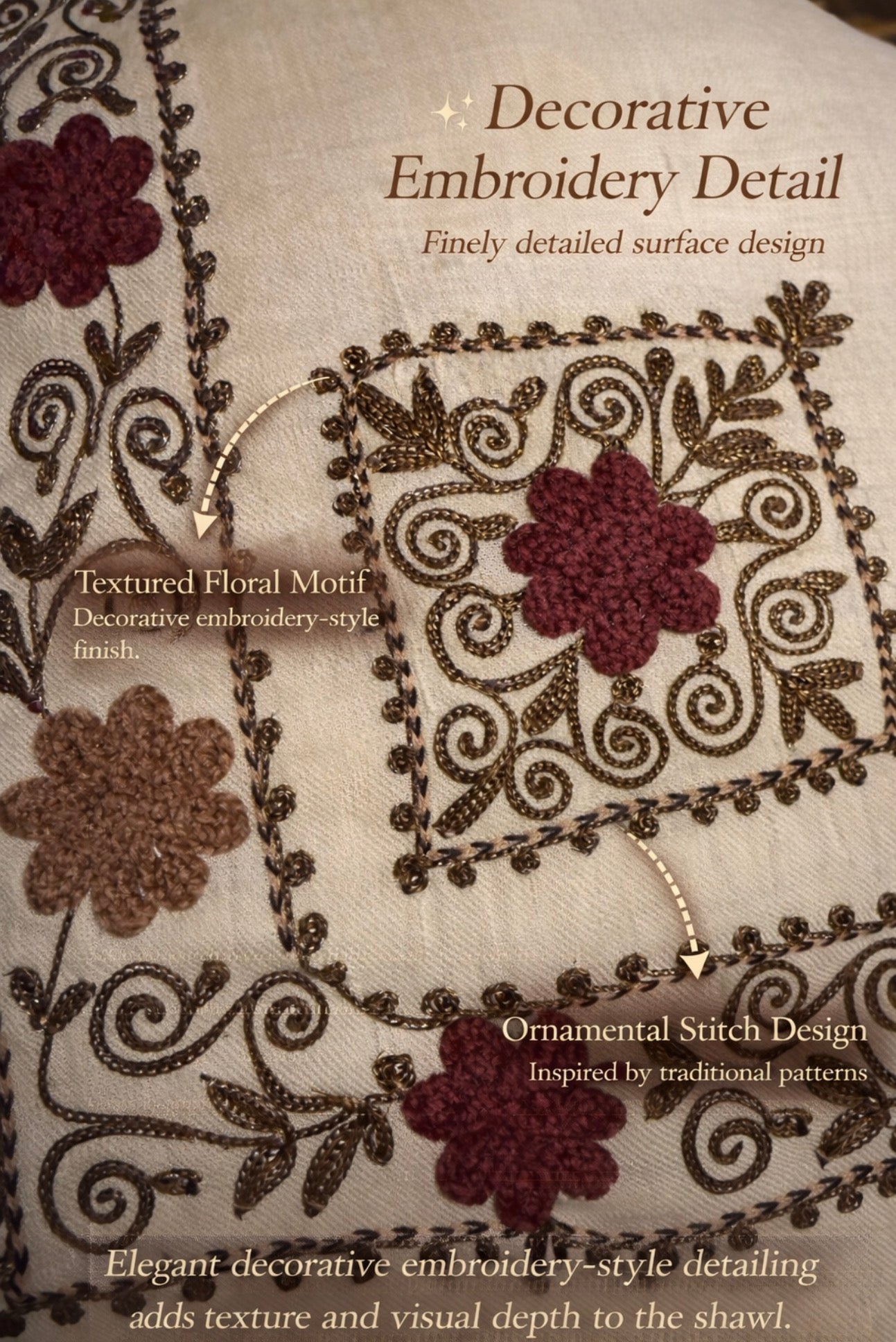 Ivory Embroidered Border Wool Shawl