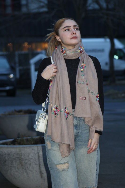Taupe Hand-Embroidered Floral Shawl