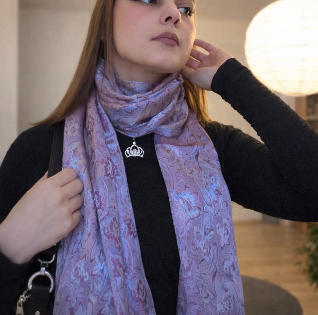 Lavender Silver Lilac Jacquard Silk Scarf with Crystal Brooch