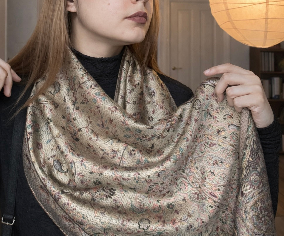 Ivory Blossom Jacquard Silk Scarf with Brooch