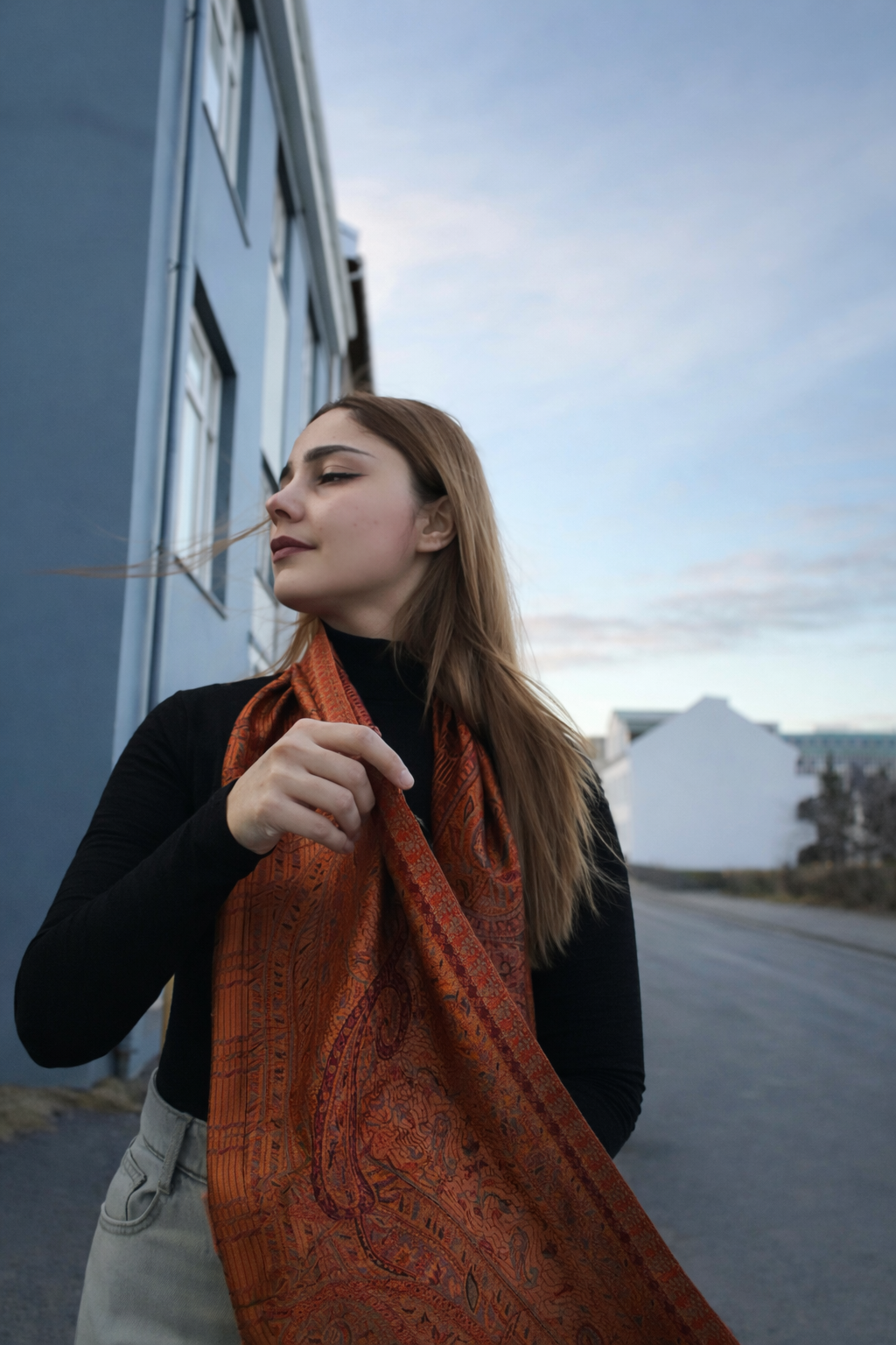 Burnished Copper Jacquard Silk Scarf with Brooch