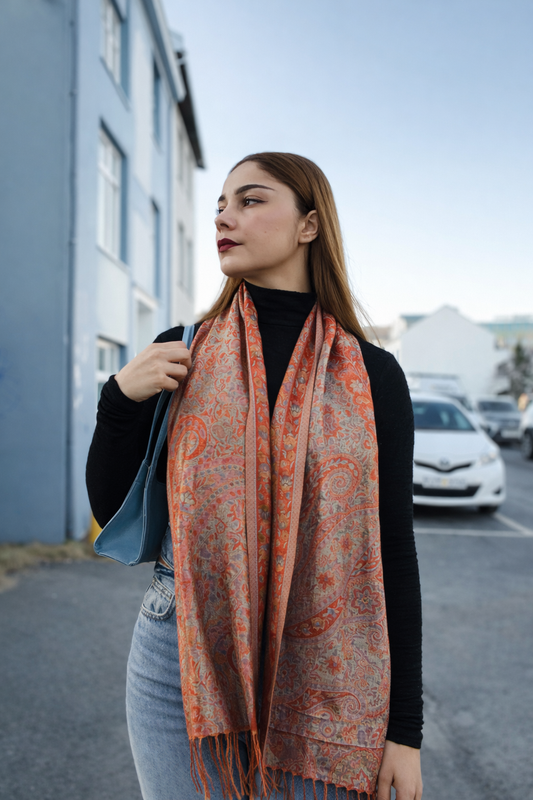 NORA Seraphine Jacquard Silk Scarf Presented with Crystal Brooch.