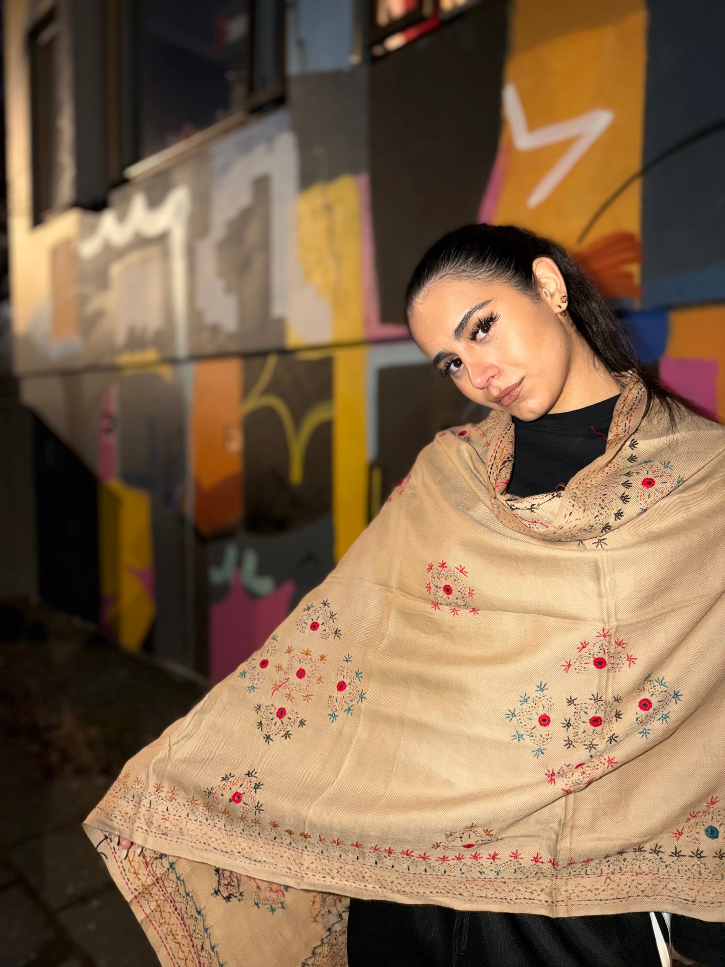 Golden Sand /Artisan Afghan Floral Scarf