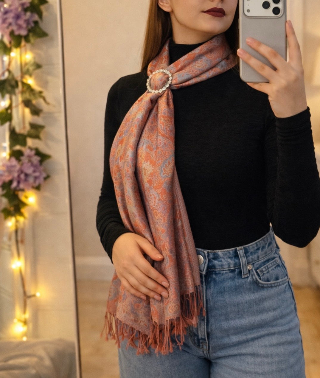 NORA Seraphine Jacquard Silk Scarf Presented with Crystal Brooch.