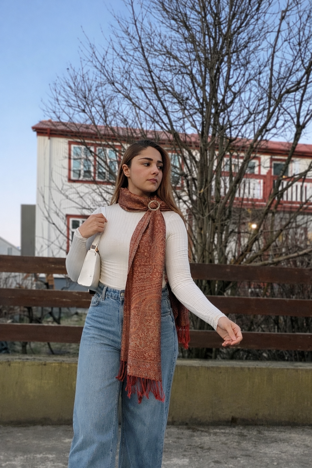 Warm Rose Seraphine Jacquard Silk Scarf with Crystal Brooch