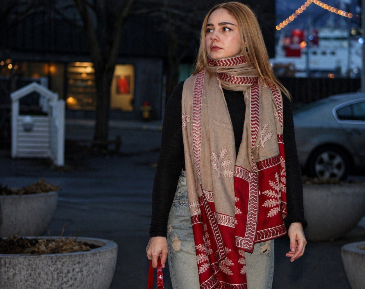 Nora Wool Blend Shawl / Beige & Red