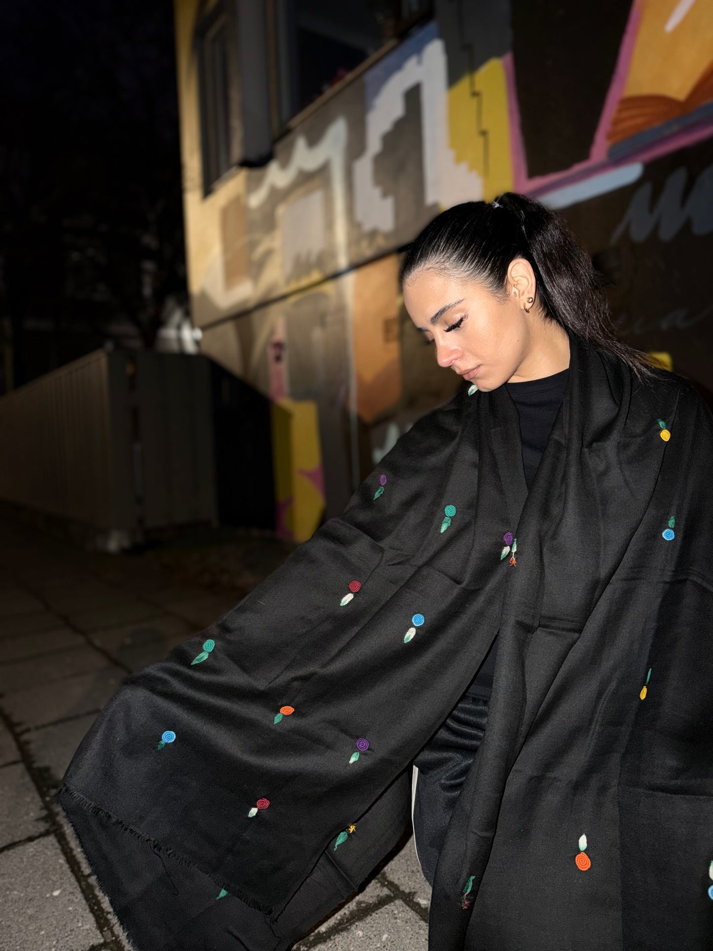 Noor Black /Artisan Afghan Hand-Embroidered Scarf