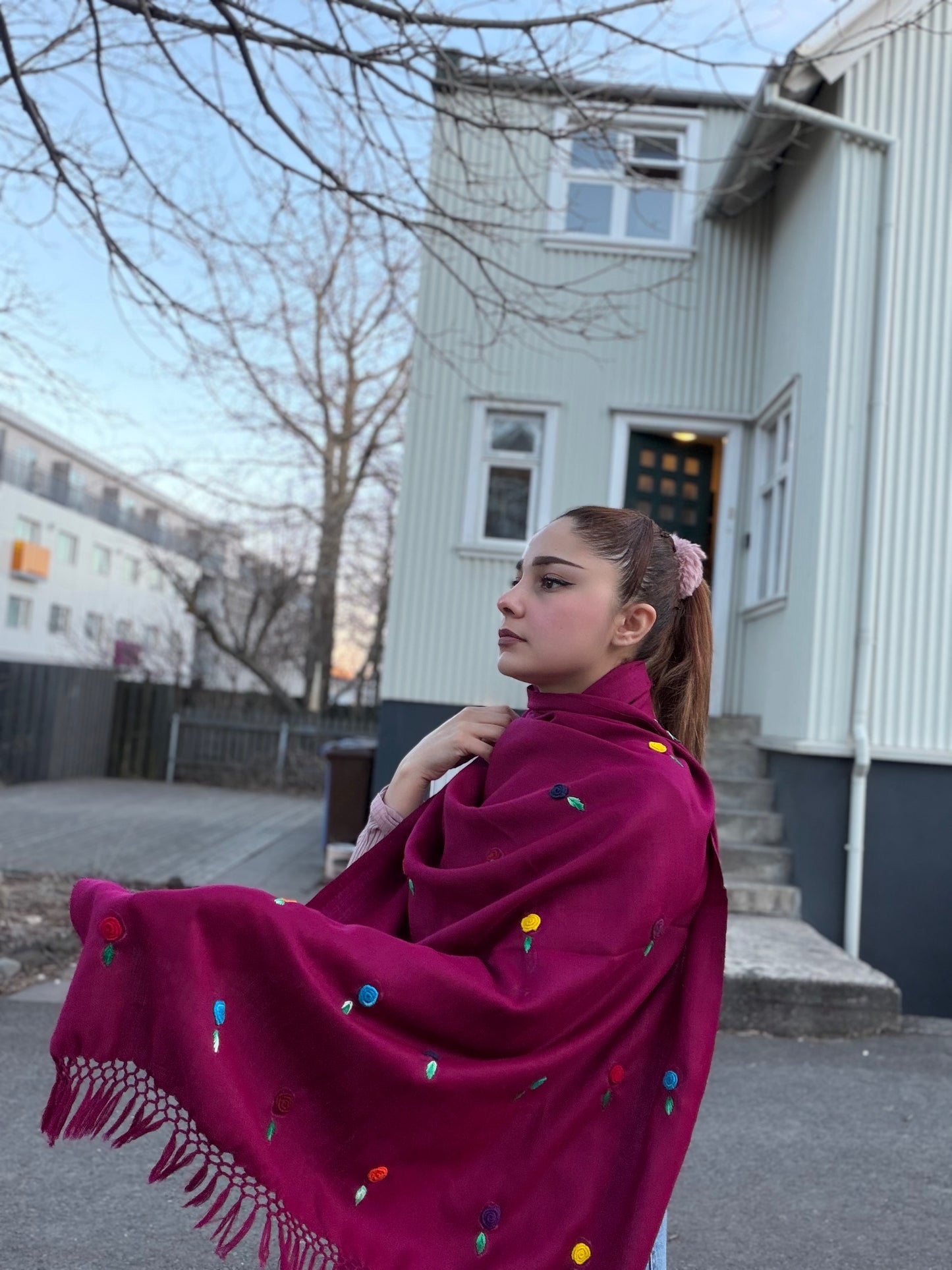 Deep Magenta/ Hand-Embroidered Wool Blend Shawl