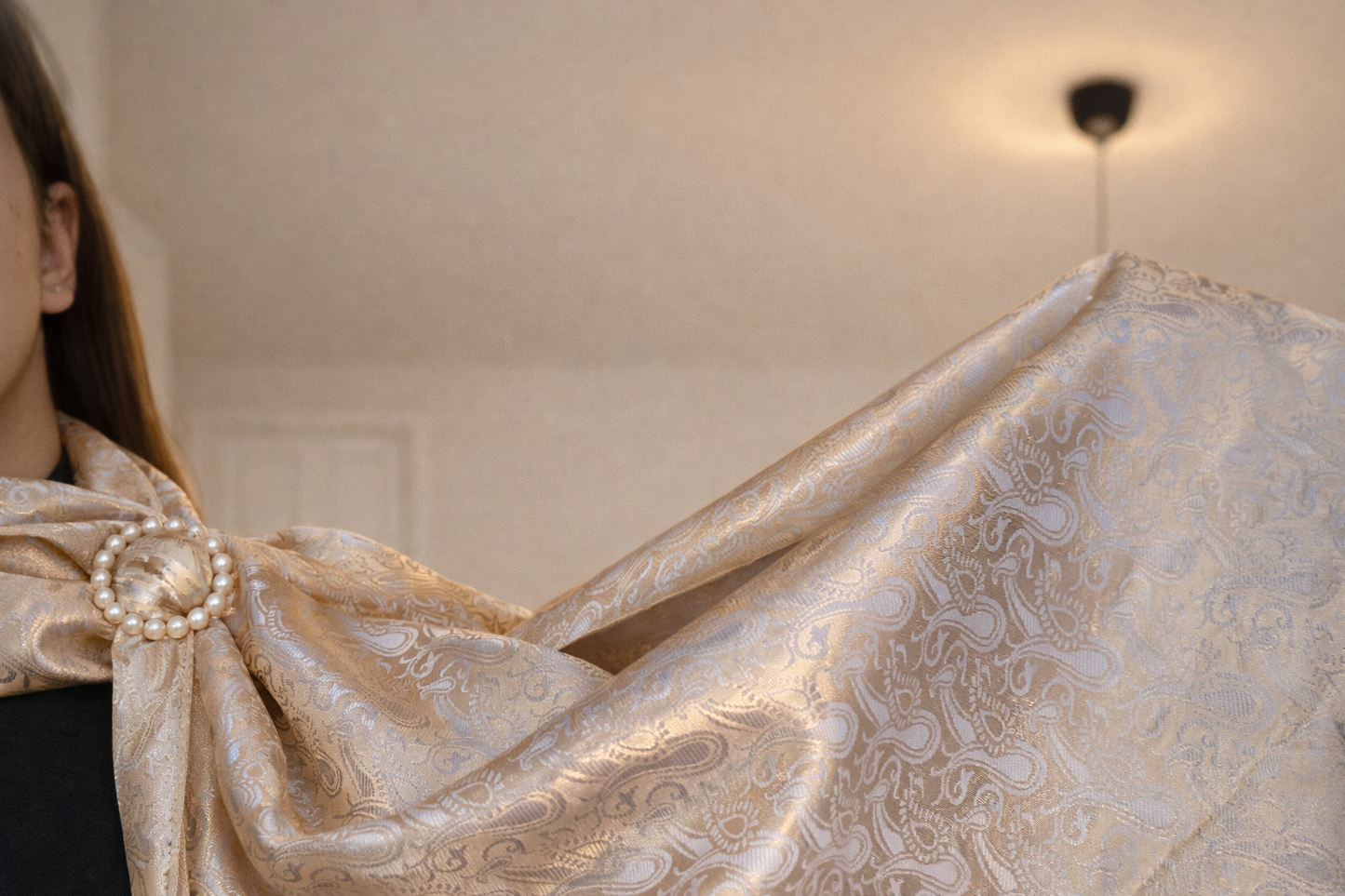 Champagne Reverie Silk Scarf with Pearl Brooch