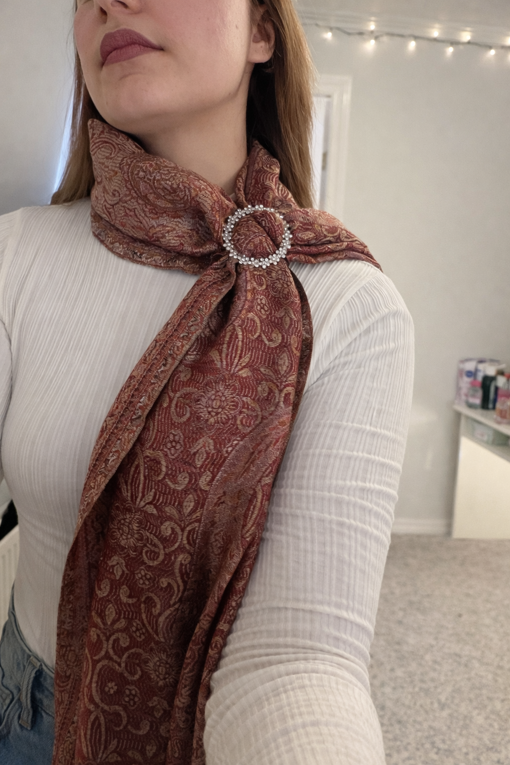 Warm Rose Seraphine Jacquard Silk Scarf with Crystal Brooch