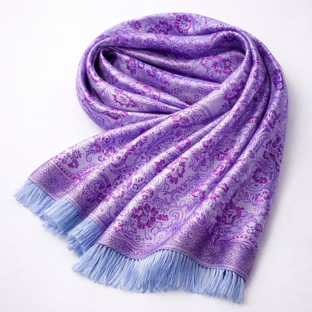 Lavender Silver Lilac Jacquard Silk Scarf with Crystal Brooch