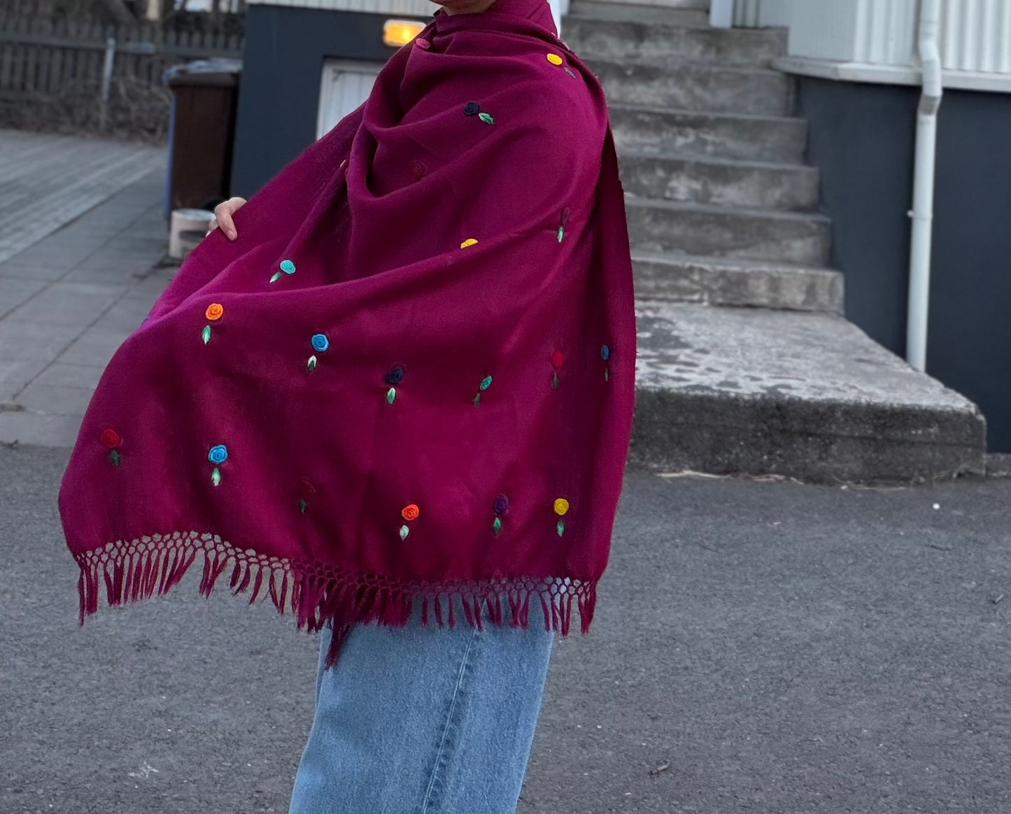 Deep Magenta/ Hand-Embroidered Wool Blend Shawl