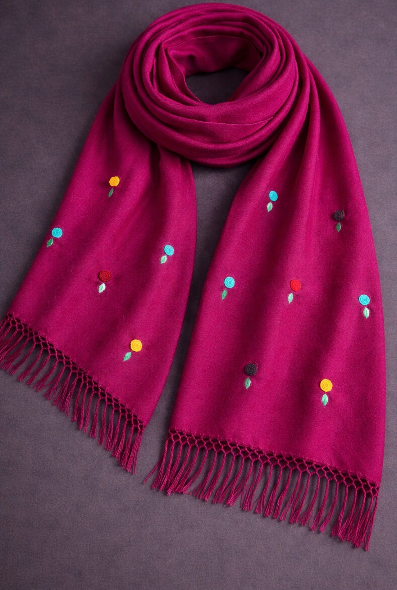 Deep Magenta/ Hand-Embroidered Wool Blend Shawl