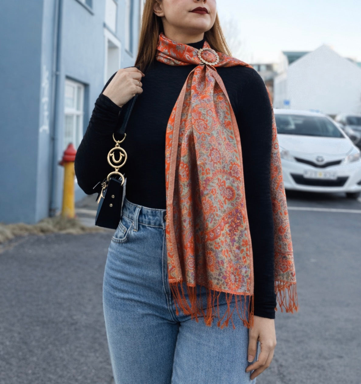 NORA Seraphine Jacquard Silk Scarf Presented with Crystal Brooch.