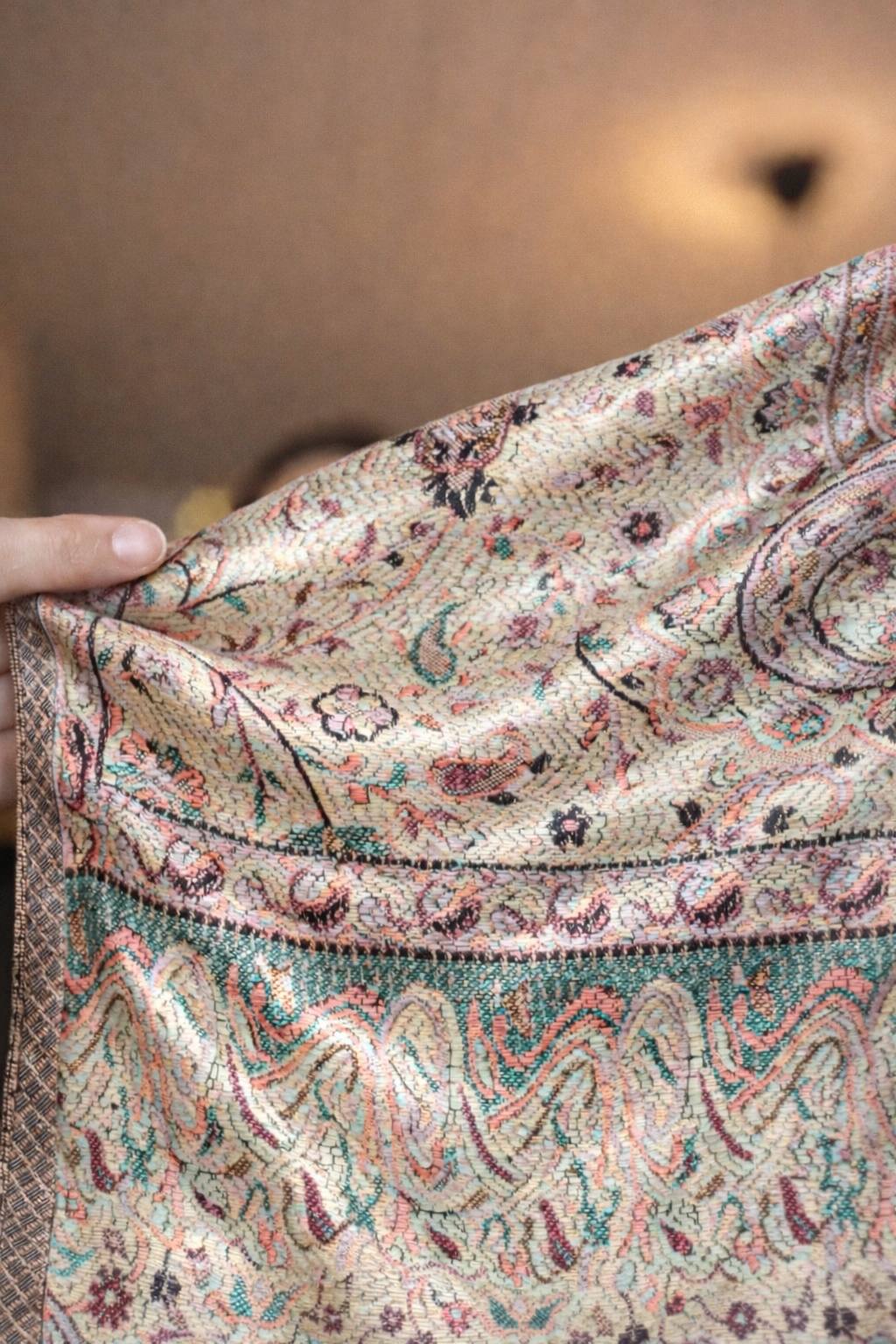 Ivory Blossom Jacquard Silk Scarf with Brooch