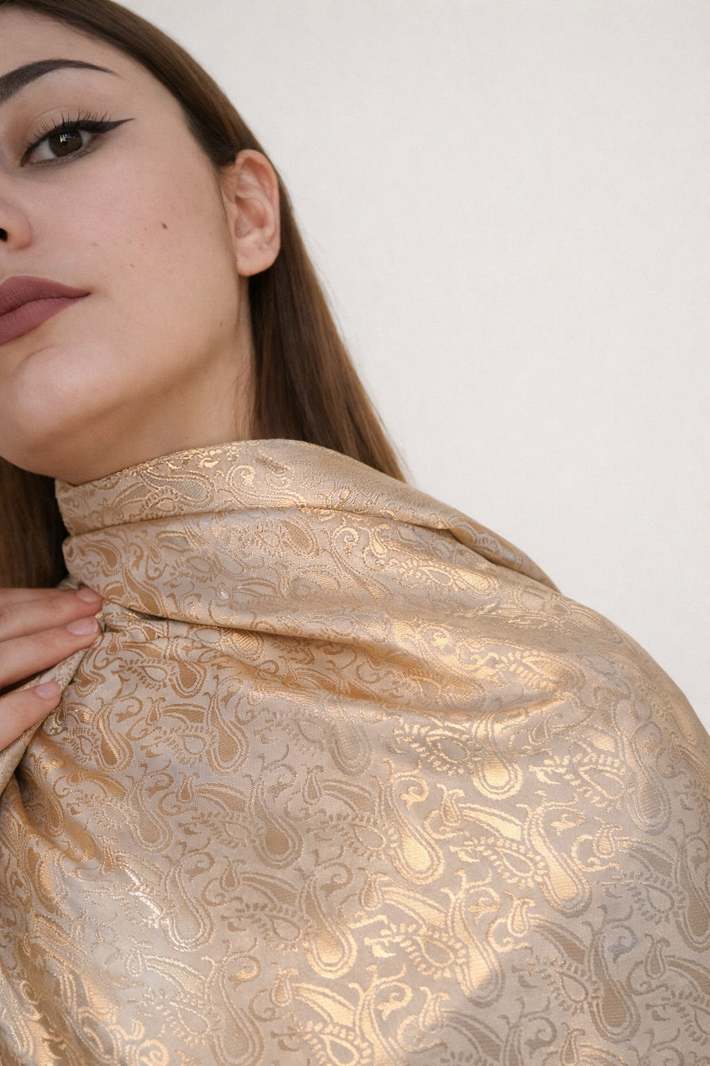 Champagne Reverie Silk Scarf with Pearl Brooch