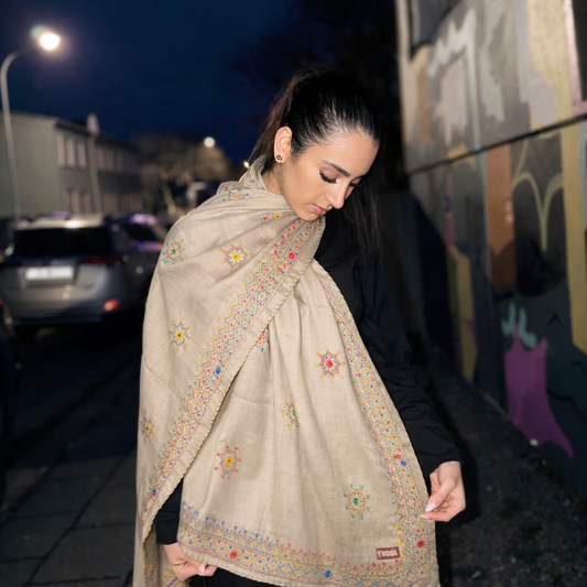 Desert Taupe Floral Afghan Scarf/ Lightweight Shawl