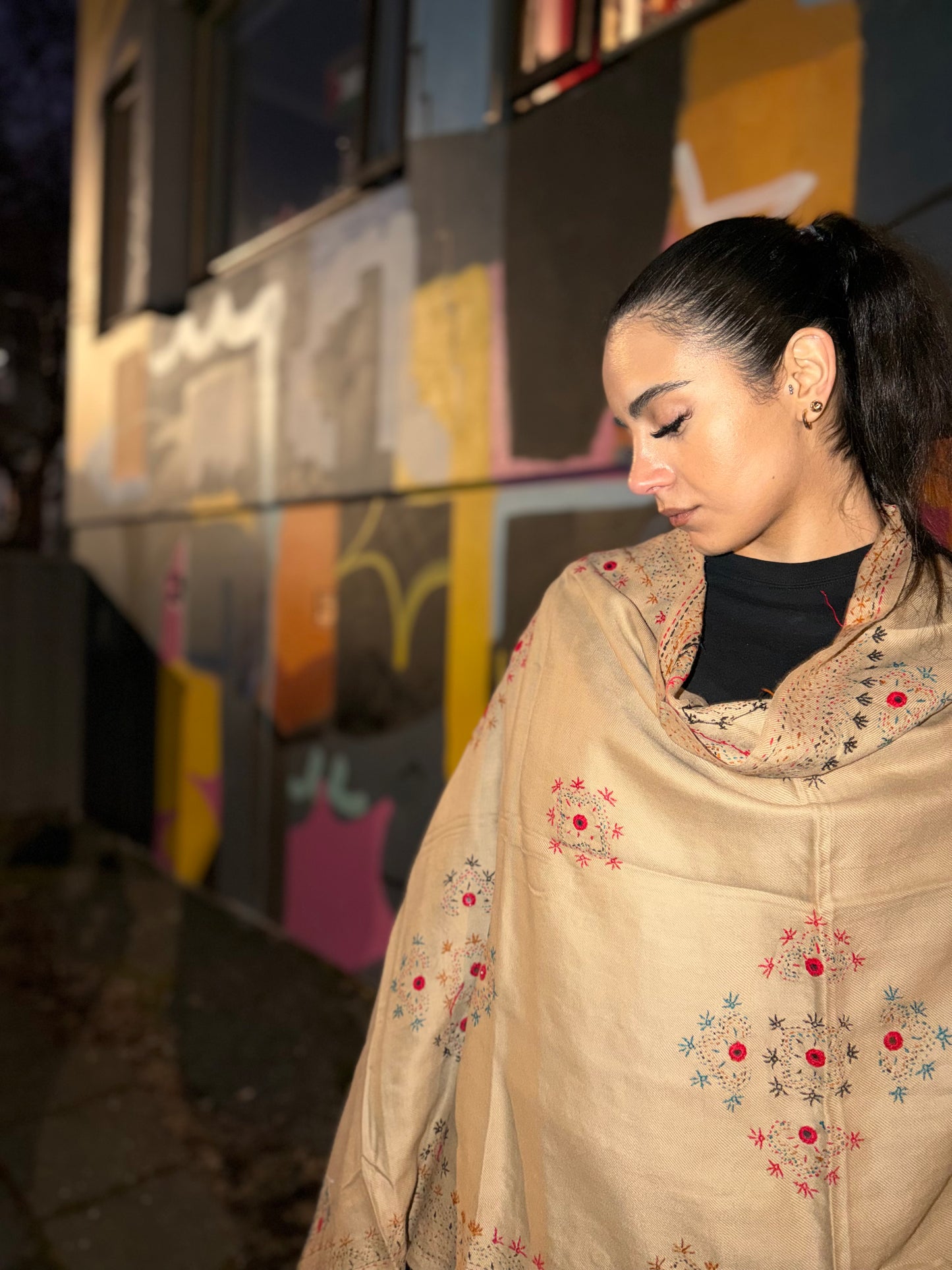Golden Sand /Artisan Afghan Floral Scarf
