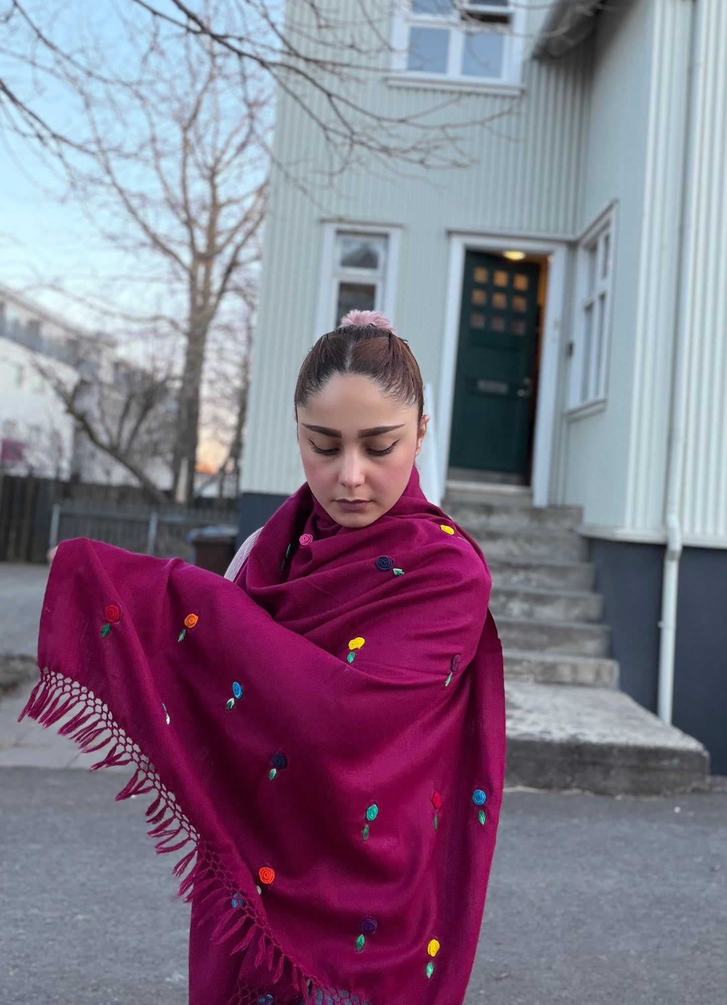 Deep Magenta/ Hand-Embroidered Wool Blend Shawl