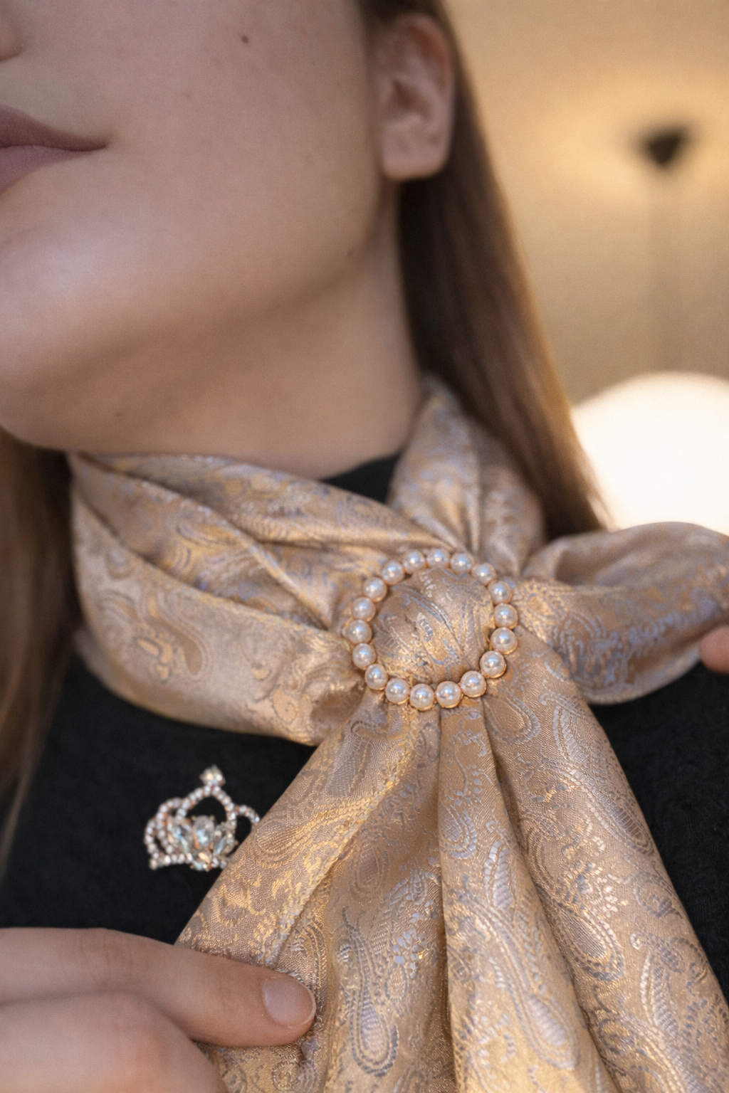 Champagne Reverie Silk Scarf with Pearl Brooch