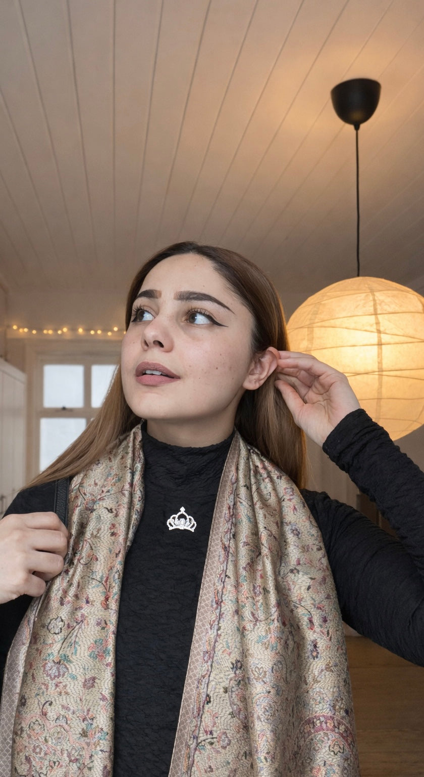 Ivory Blossom Jacquard Silk Scarf with Brooch