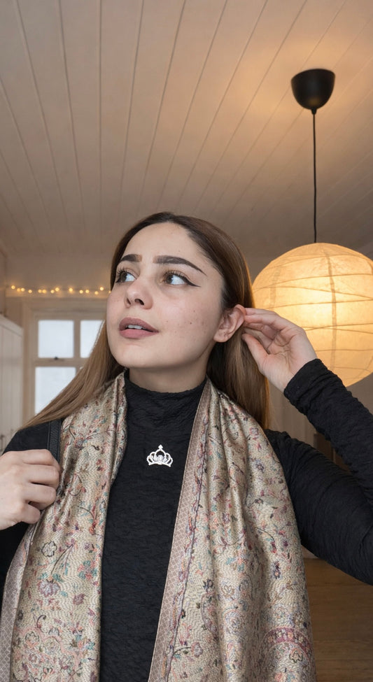 Ivory Blossom Jacquard Silk Scarf with Brooch