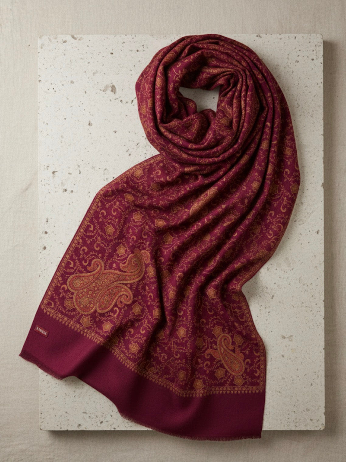 Paisley Lightweight Handworked Wool Scarf / Light Shawl– Wine Red