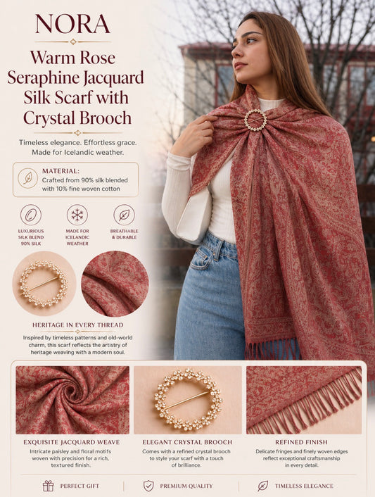 Warm Rose Seraphine Jacquard Silk Scarf with Crystal Brooch