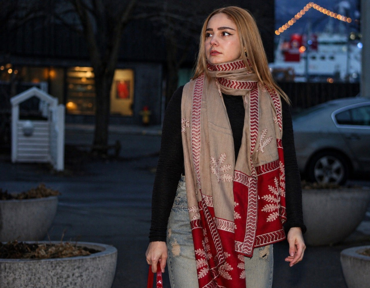 Nora Wool Blend Shawl / Beige & Red