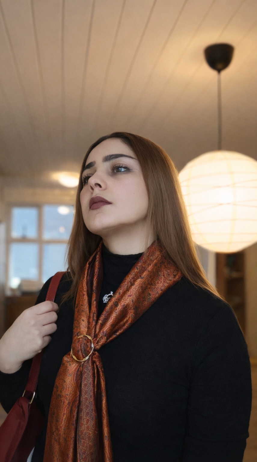 Burnished Copper Jacquard Silk Scarf with Brooch