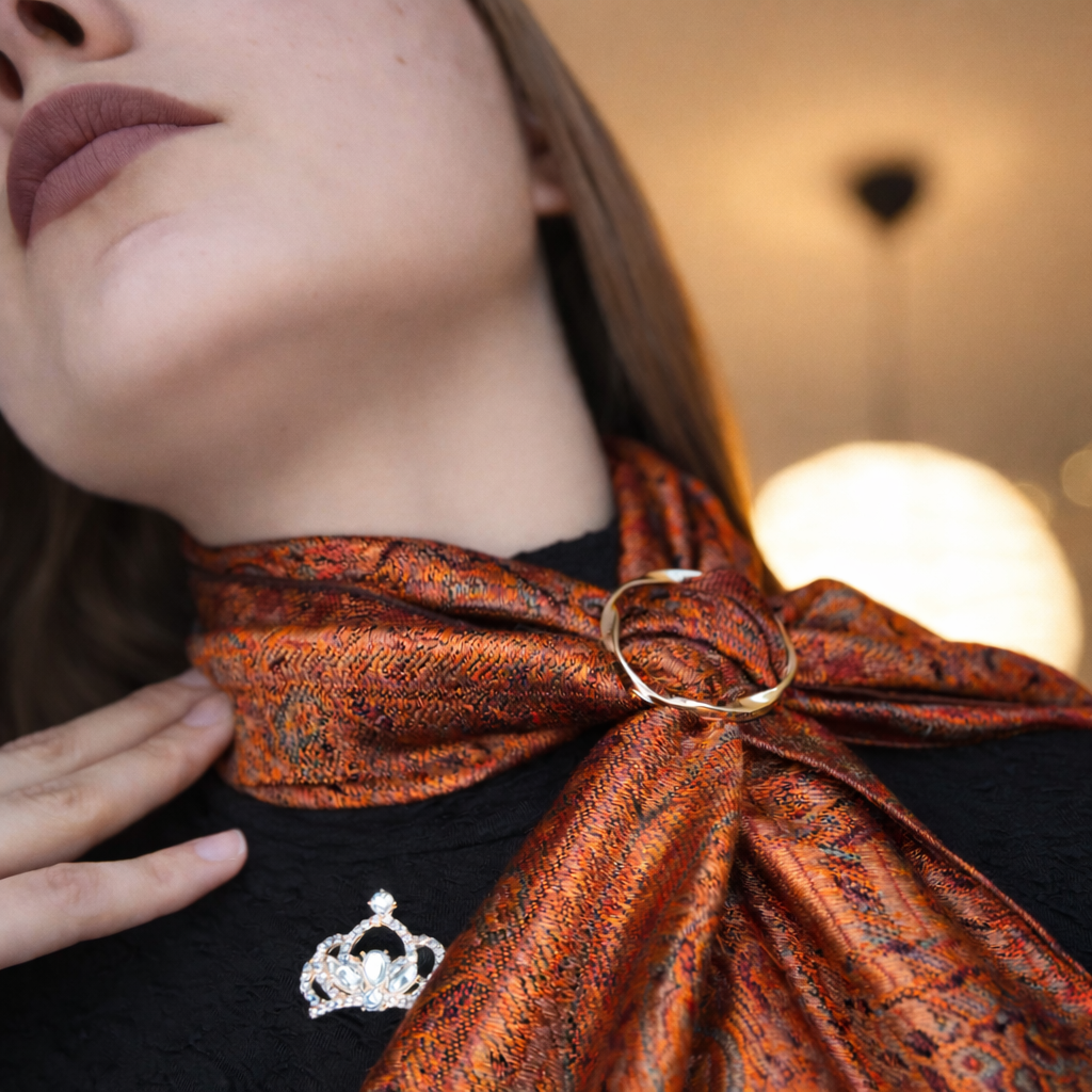 Burnished Copper Jacquard Silk Scarf with Brooch