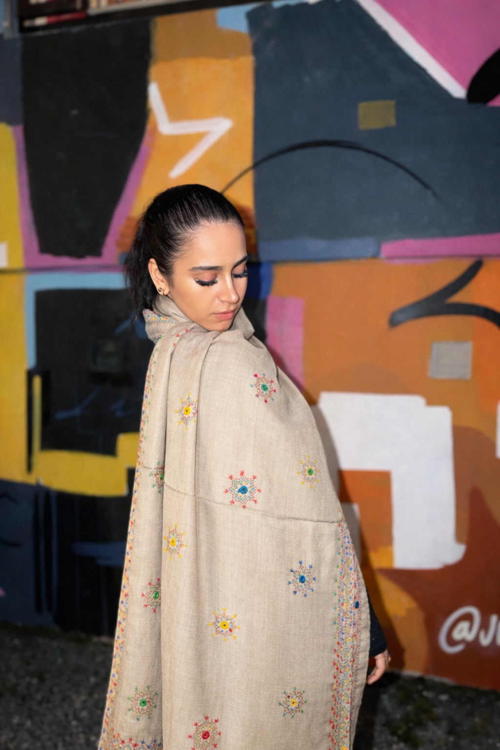 Desert Taupe Floral Afghan Scarf/ Lightweight Shawl