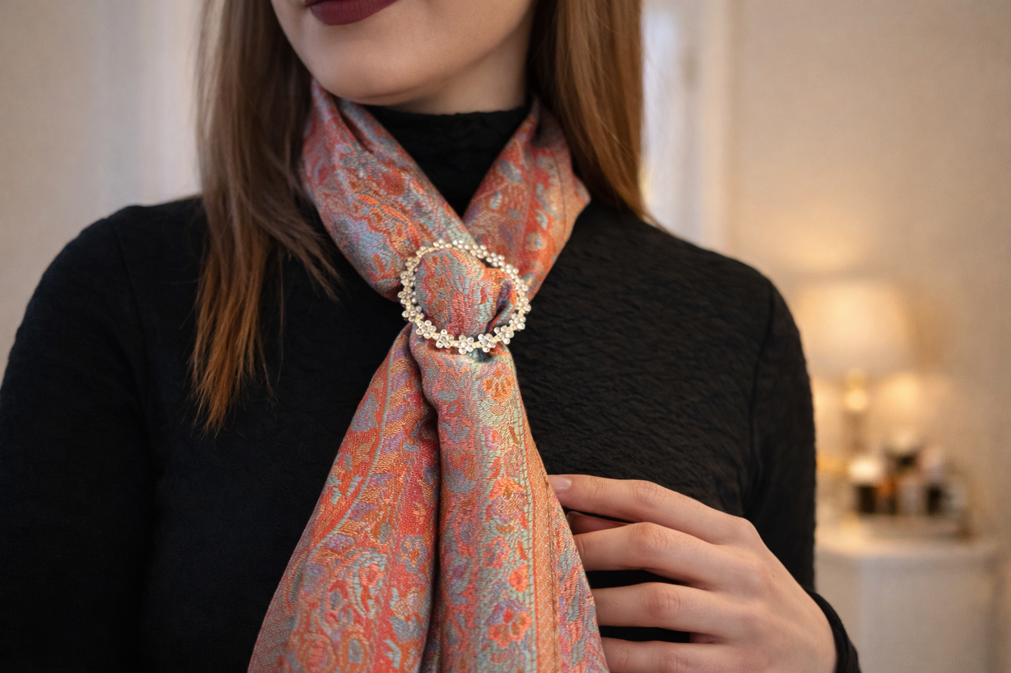 NORA Seraphine Jacquard Silk Scarf Presented with Crystal Brooch.