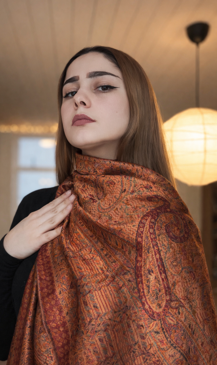 Burnished Copper Jacquard Silk Scarf with Brooch