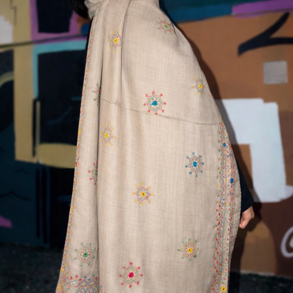Desert Taupe Floral Afghan Scarf/ Lightweight Shawl
