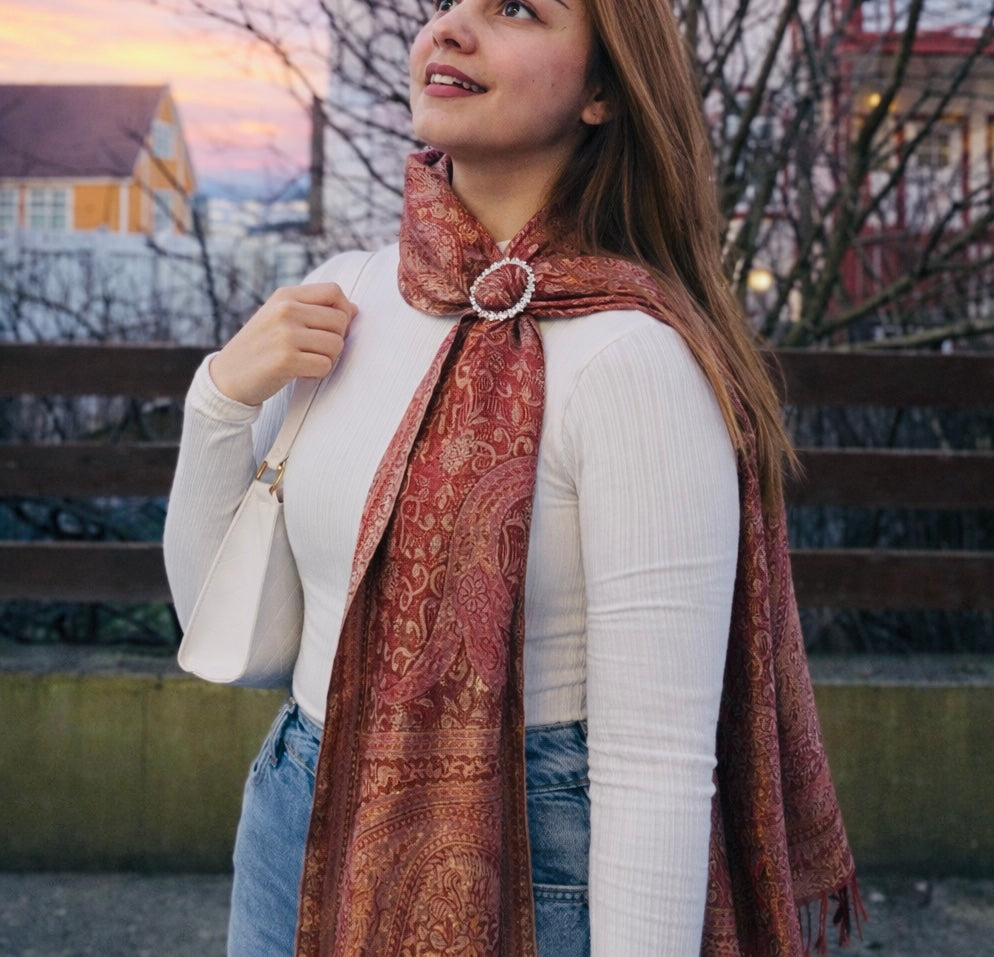 Warm Rose Seraphine Jacquard Silk Scarf with Crystal Brooch