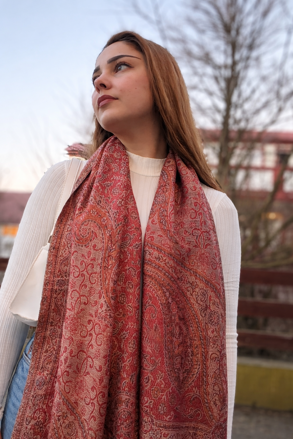 Warm Rose Seraphine Jacquard Silk Scarf with Crystal Brooch