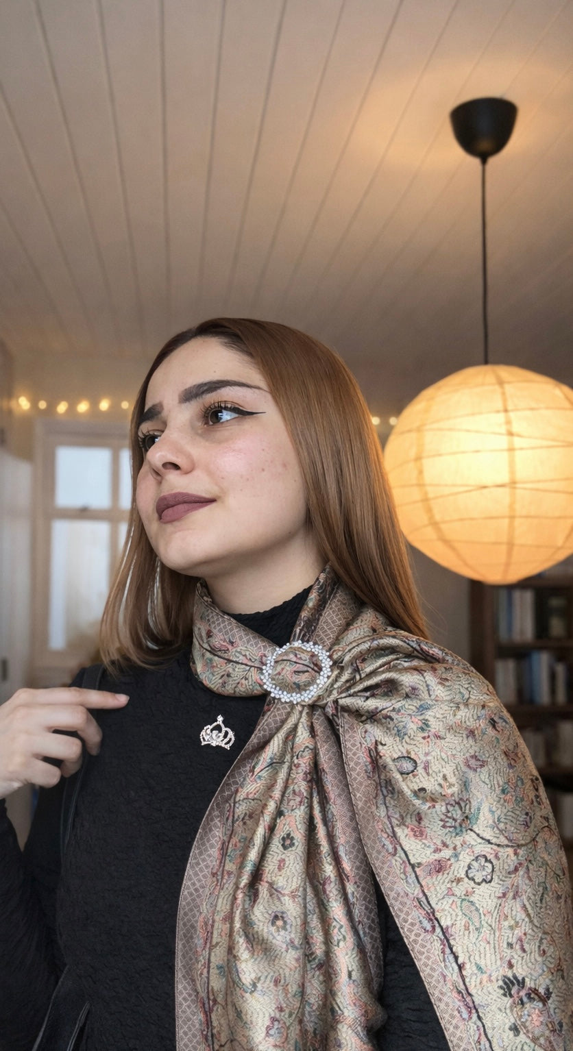 Ivory Blossom Jacquard Silk Scarf with Brooch