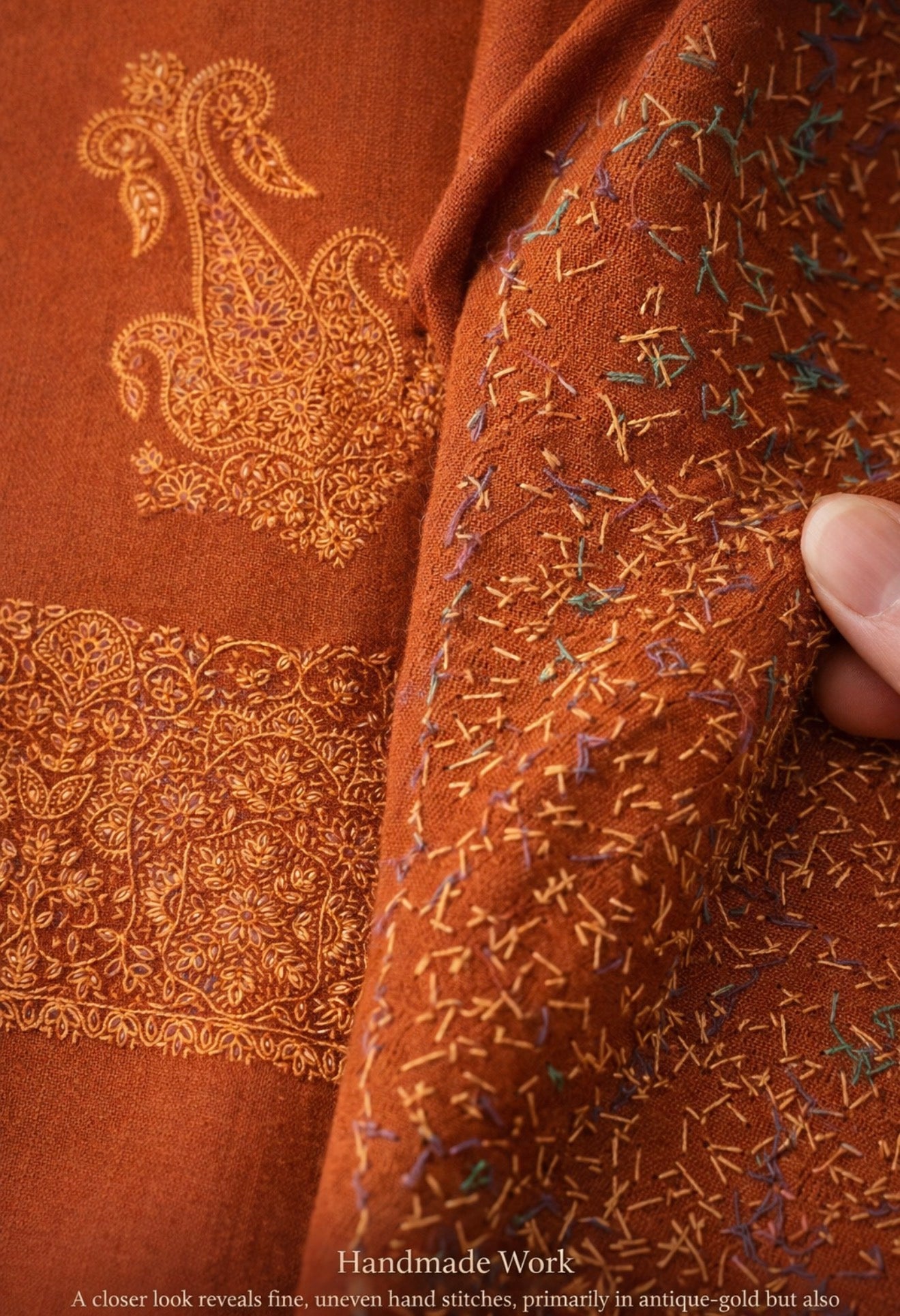 Rust Amber-Paisley Handworked Wool Scarf/ Light  Shawl