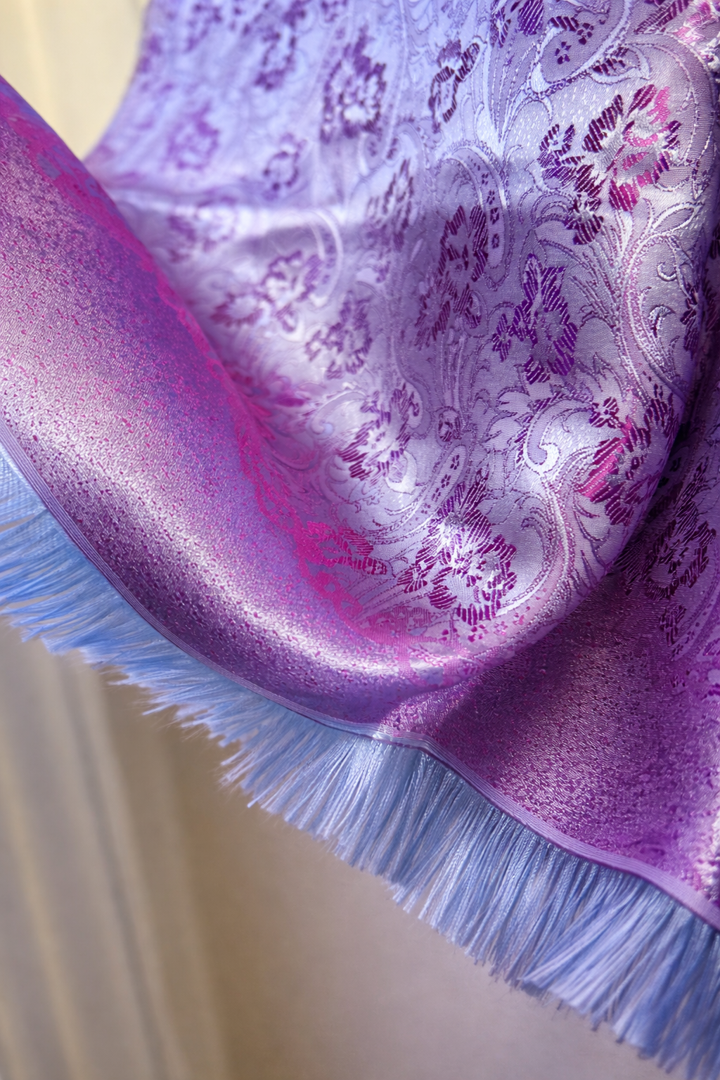 Lavender Silver Lilac Jacquard Silk Scarf with Crystal Brooch
