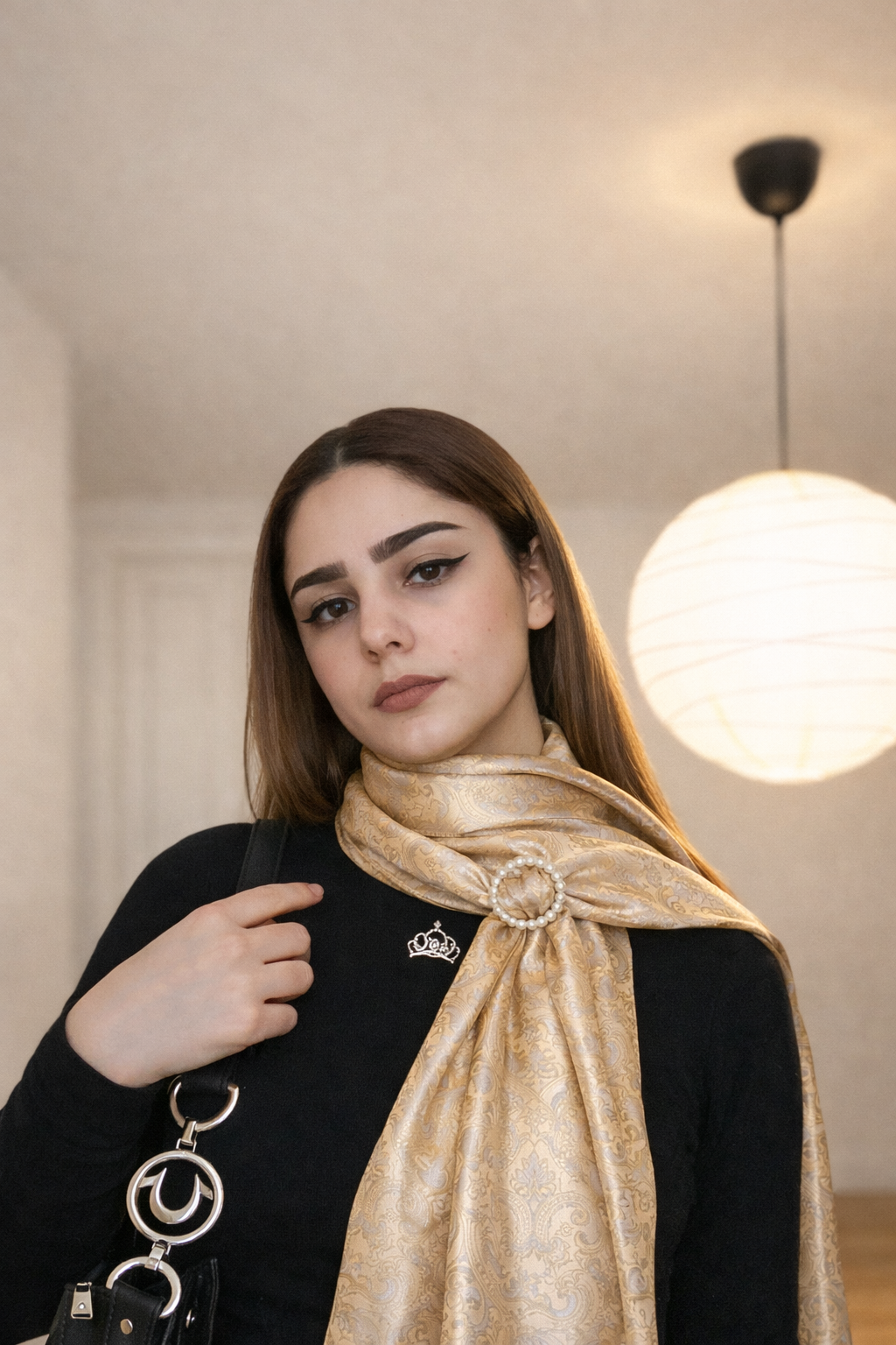 Champagne Reverie Silk Scarf with Pearl Brooch