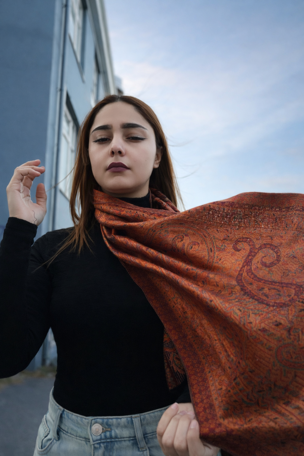 Burnished Copper Jacquard Silk Scarf with Brooch