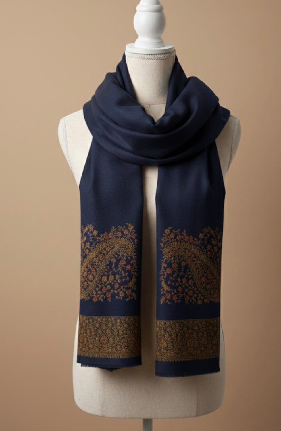 Deep Navy-Paisley Handworked Wool Scarf/ Light  Shawl