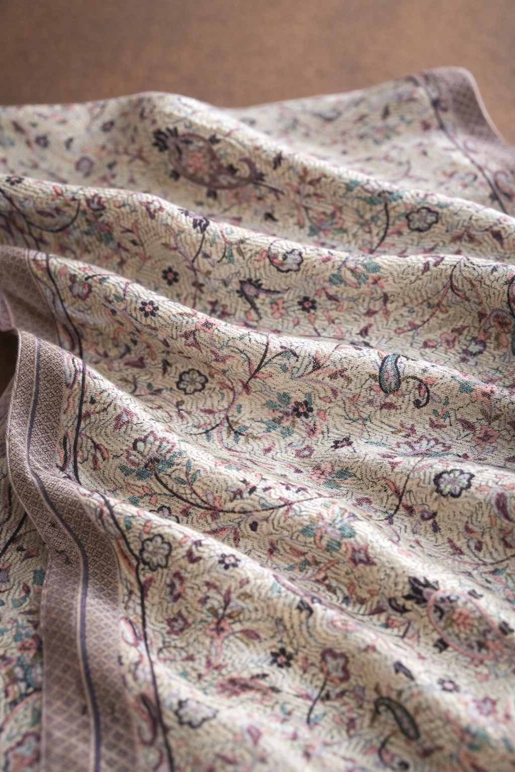 Ivory Blossom Jacquard Silk Scarf with Brooch