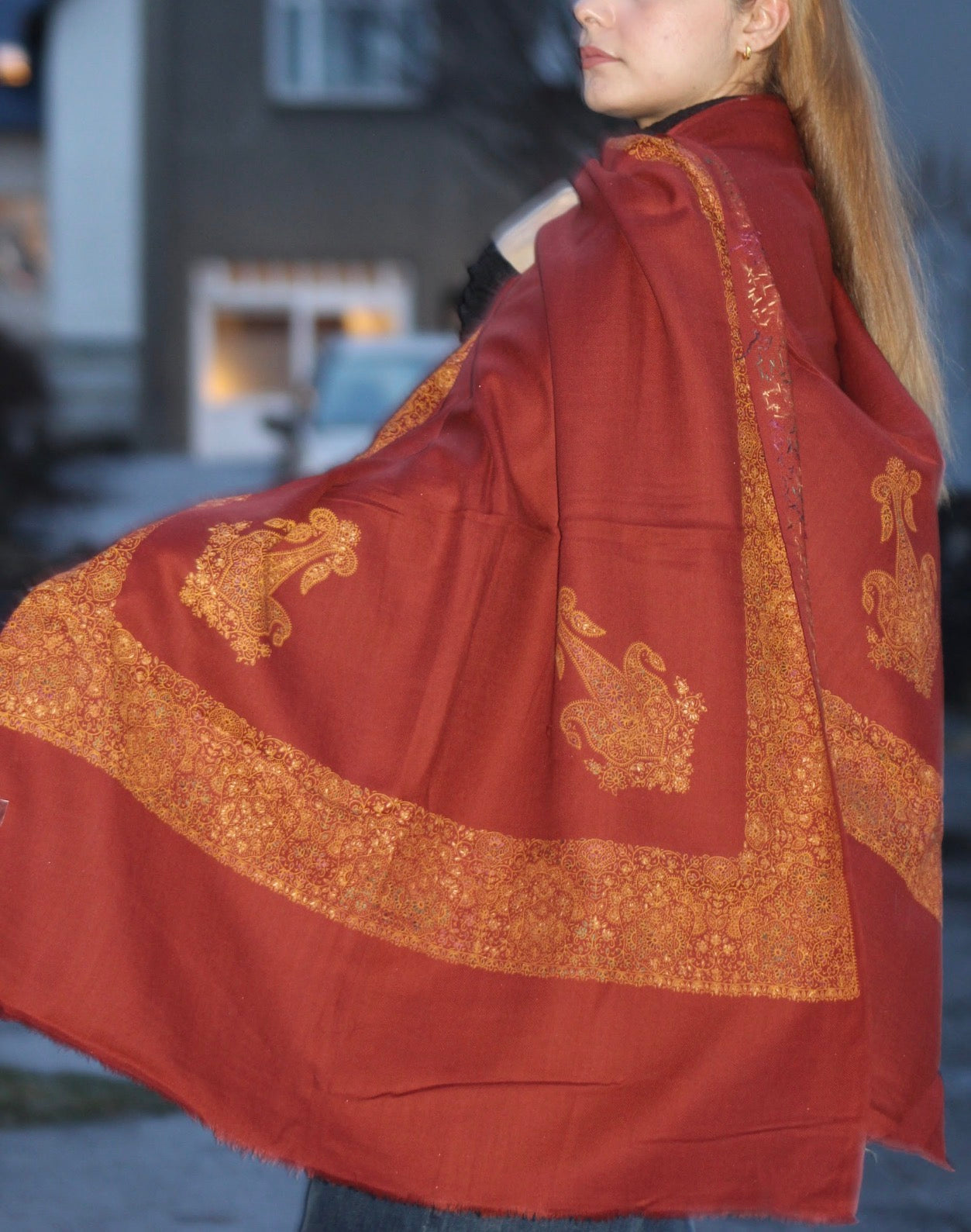 Rust Amber-Paisley Handworked Wool Scarf/ Light  Shawl