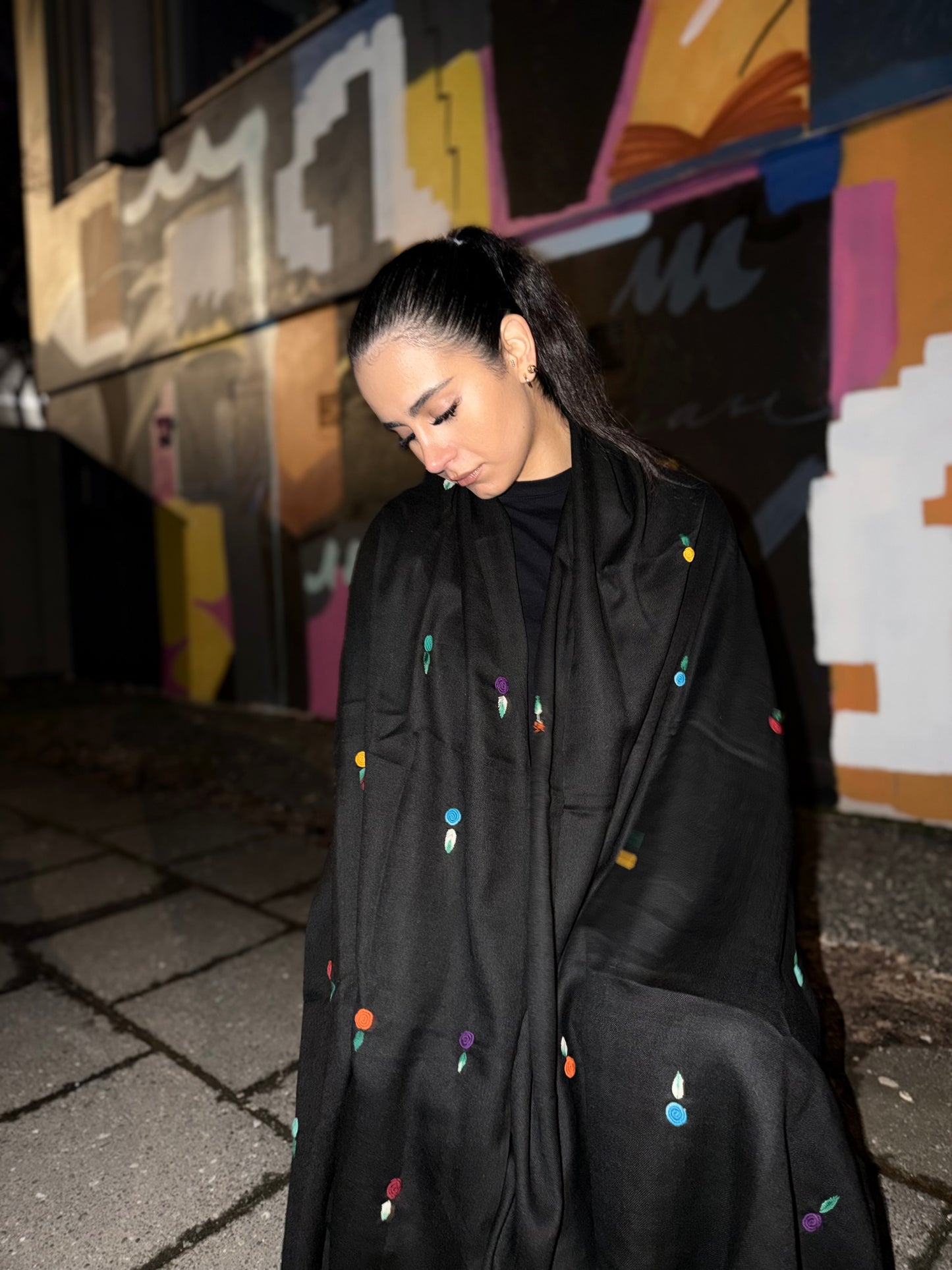 Noor Black /Artisan Afghan Hand-Embroidered Scarf