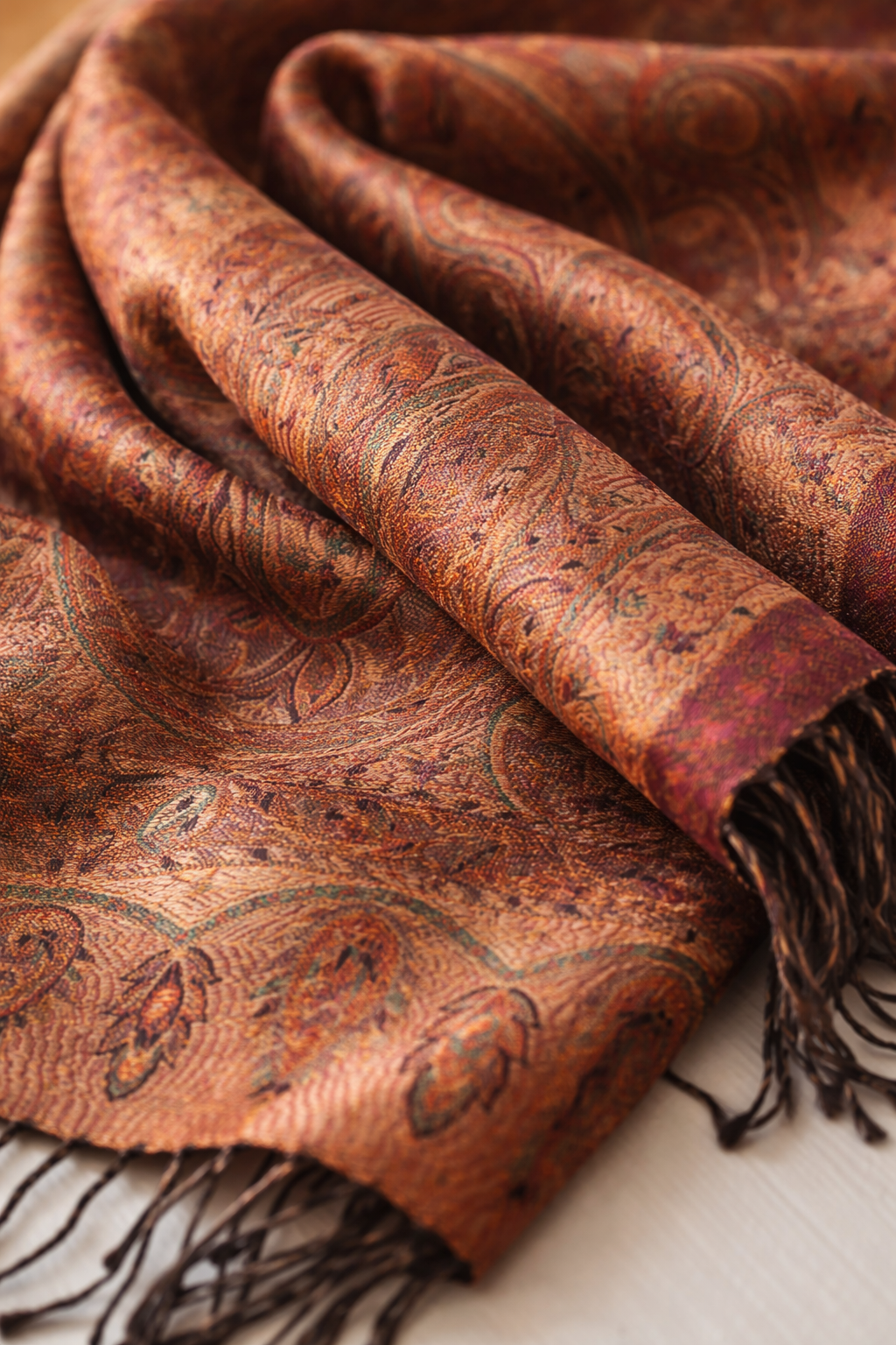 Burnished Copper Jacquard Silk Scarf with Brooch