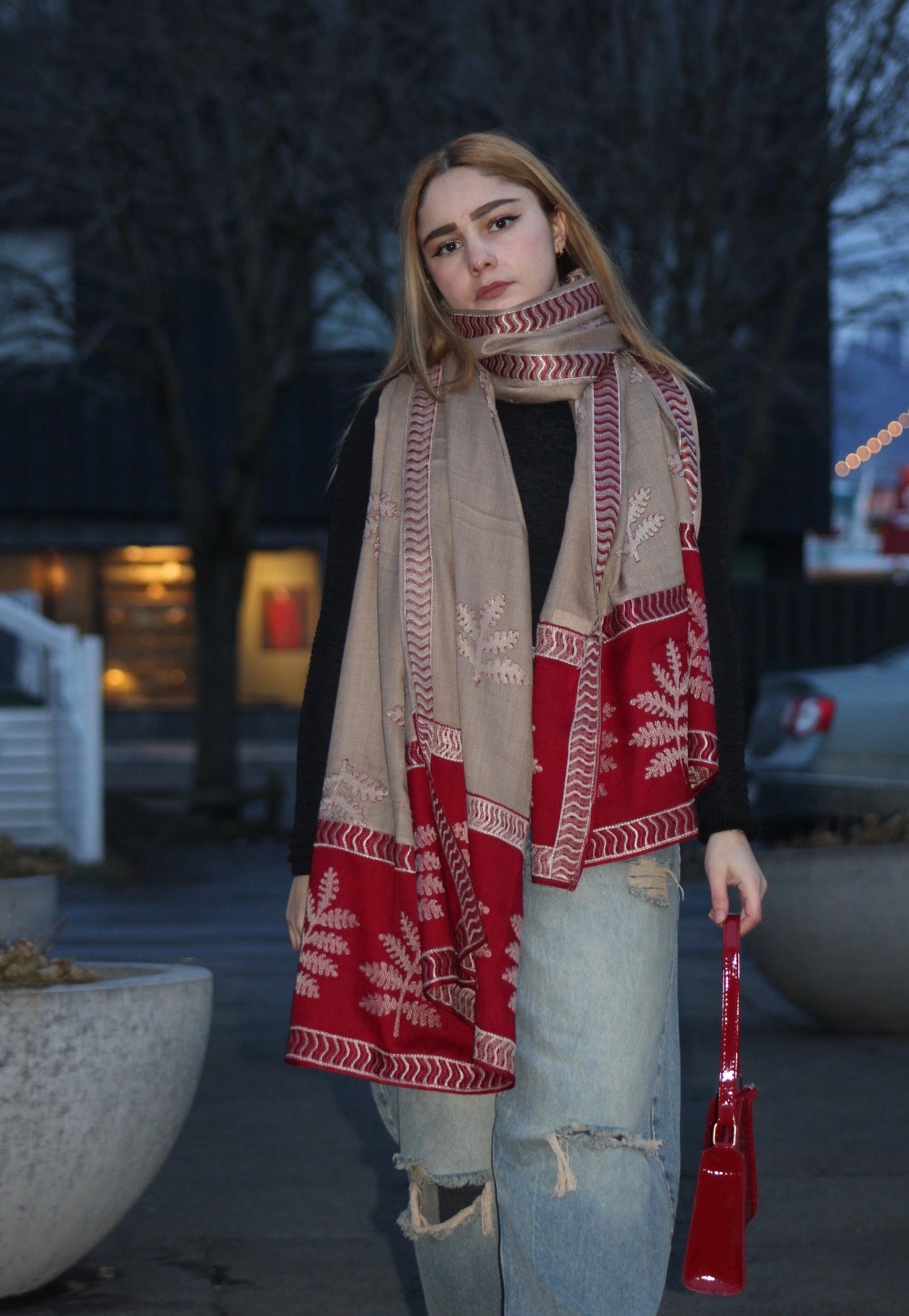 Beige & Red Embroidered Wool-Blend Shawl